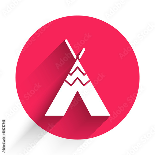 White Traditional indian teepee or wigwam icon isolated with long shadow. Indian tent. Red circle button. Vector.