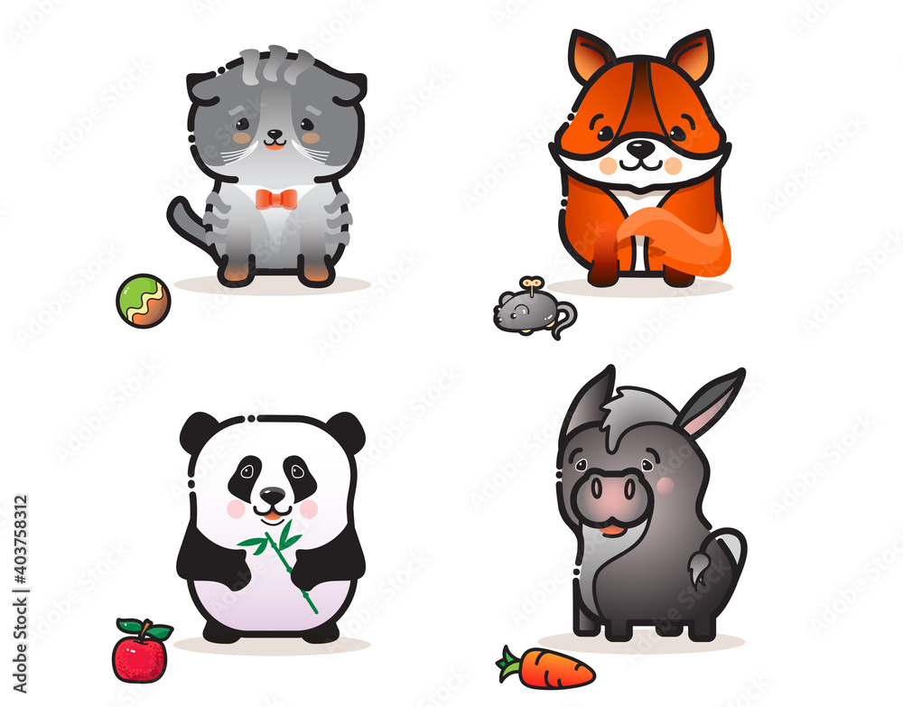 Cute animals set. Isolatwd colorful cartoon characters. Vector sticker collection.