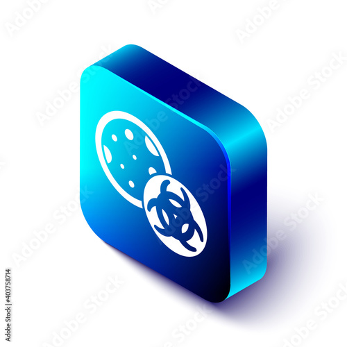 Isometric GMO icon isolated on white background. Genetically modified organism acronym. Dna food modification. Blue square button. Vector.