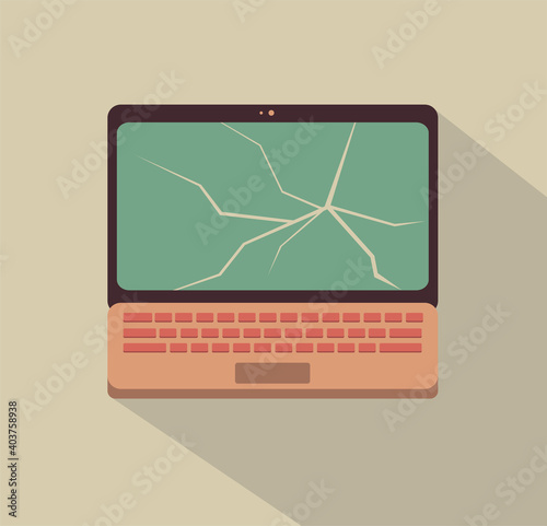 Flat vector laptop with crack on the screen and shadow.