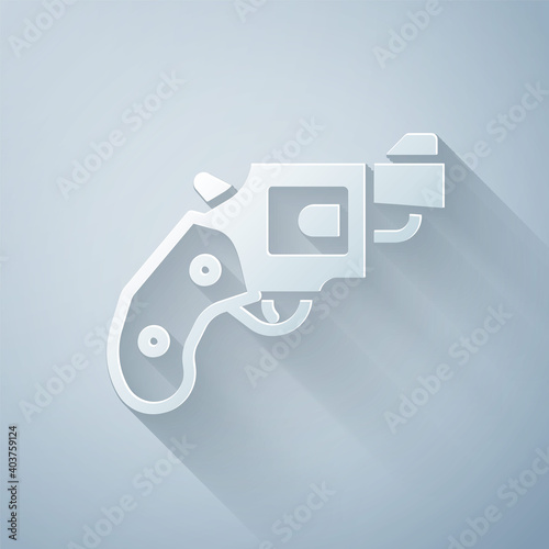 Paper cut Small gun revolver icon isolated on grey background. Pocket pistol for self-defense. Ladies revolver. Spy Weapon. Paper art style. Vector.