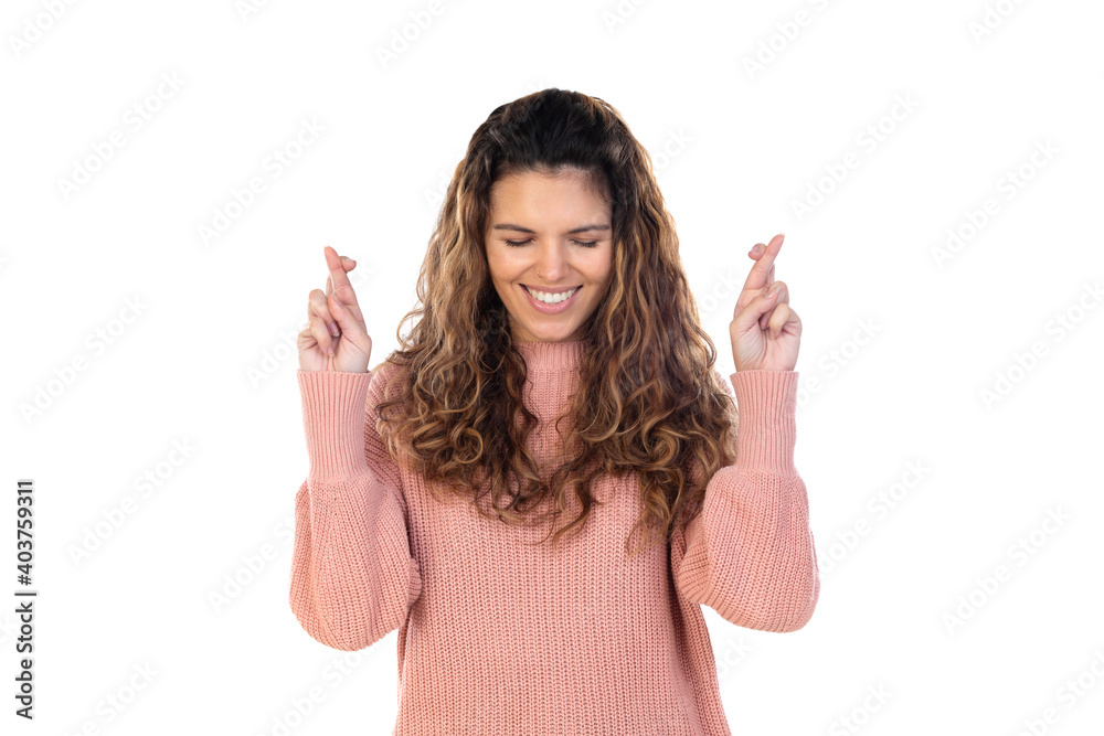 Beautiful middle aged woman with pink woolen sweater Beautiful middle aged woman with pink woolen sweater
