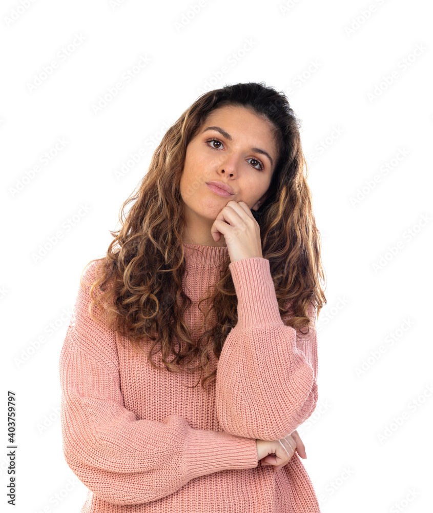 Beautiful middle aged woman with pink woolen sweater Beautiful middle aged woman with pink woolen sweater