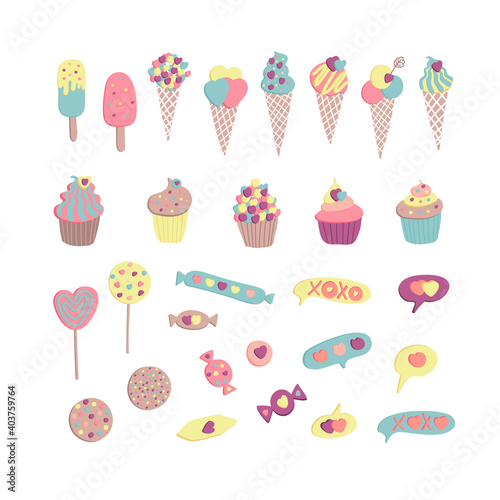 Set Valentine sweets heart drawn, vector drawing. Ice cream, sweets, lollipops, cupcakes. Bubble speech with text XOXO. Pastel colors - yellow, pink, blue and brown. Romantic design element.