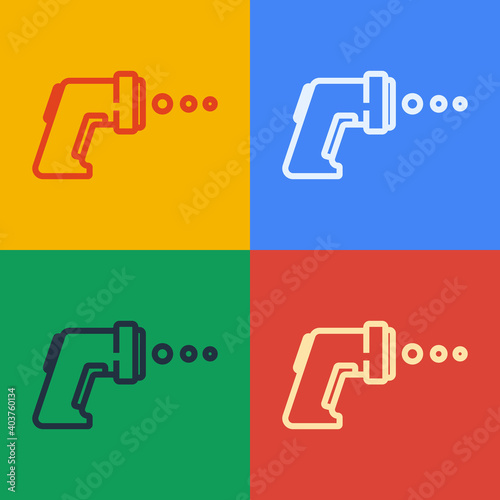 Pop art line Digital contactless thermometer with infrared light icon isolated on color background. Vector.