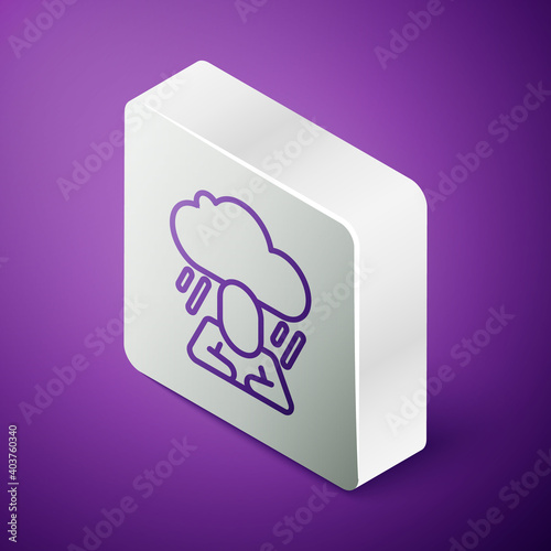 Isometric line Depression and frustration icon isolated on purple background. Man in depressive state of mind. Mental health problems. Silver square button. Vector.