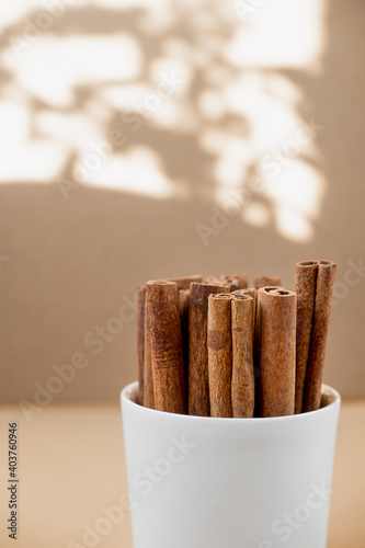 cinnamon sticks in a glass on a beige background. savory spices for cooking. Monochrome food photography, selective focus, vertical image with shadow