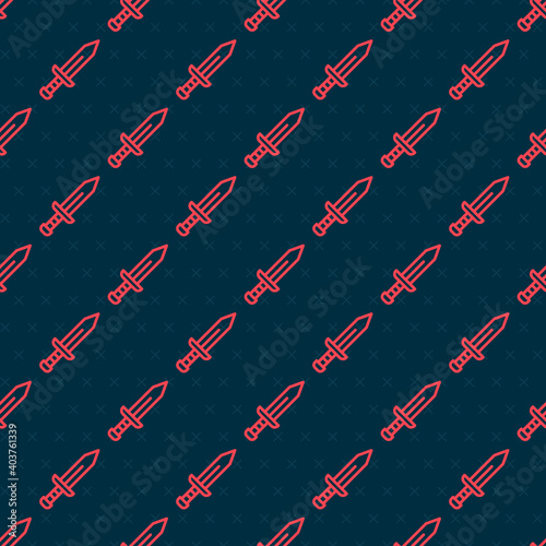 Red line Sword icon isolated seamless pattern on black background. Medieval weapon. Vector.