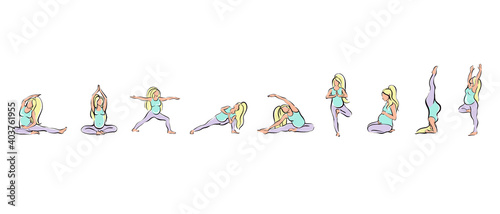 Pregnant girl does yoga or Pilates. Vector illustration drawn by hands