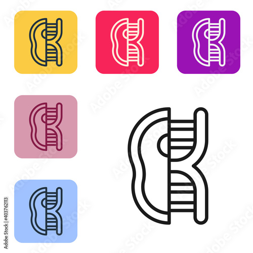 Black line Genetically modified meat icon isolated on white background. Syringe being injected to meat. Set icons in color square buttons. Vector.