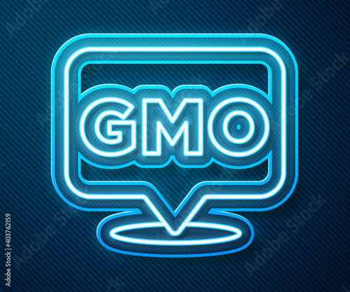 Glowing neon line GMO icon isolated on blue background. Genetically modified organism acronym. Dna food modification. Vector.