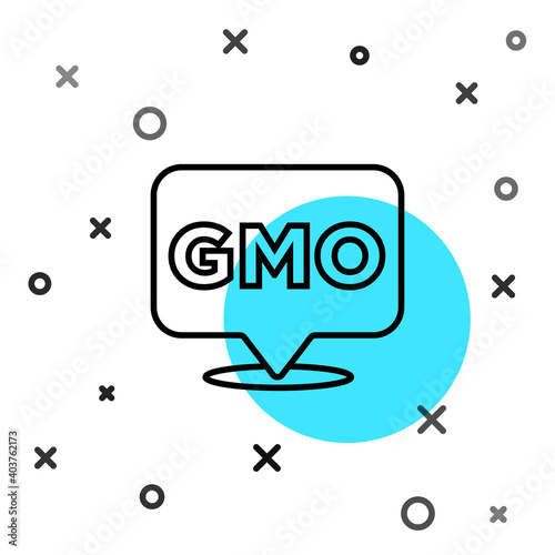 Black line GMO icon isolated on white background. Genetically modified organism acronym. Dna food modification. Random dynamic shapes. Vector.