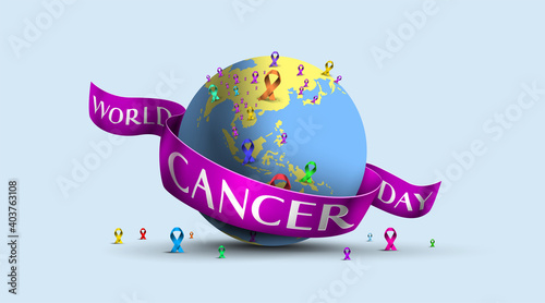 World cancer day concept with globe and purple awareness ribbon. lavender purple color symbolic ribbons for raising awareness of all kind tumors supporting people living