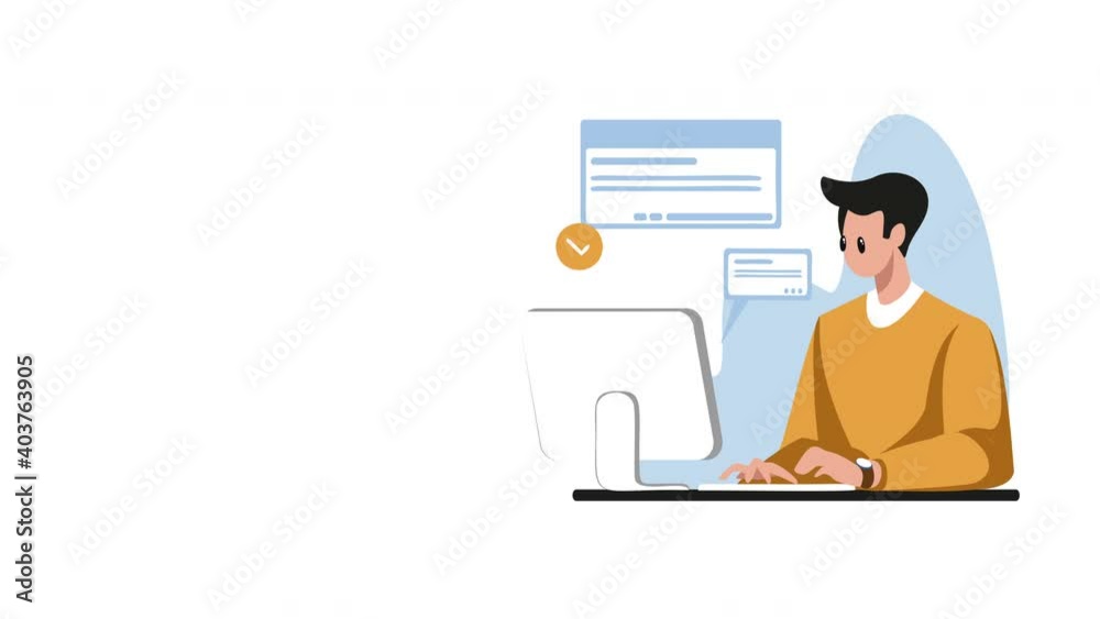 Man character in yellow working online in 4k video. Man character in yellow working online in 4k video.