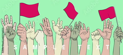 Bare hands of people wave the flags after Covid-19 is defeated by worldwide cooperation, banner.