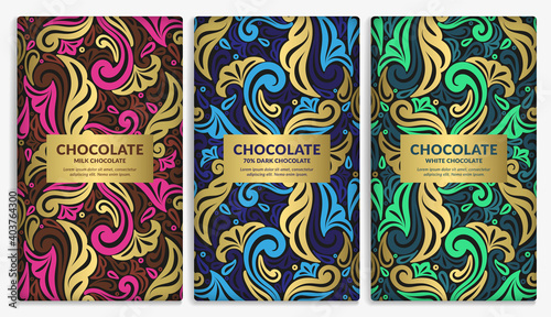 Colorful set of chocolate bar packaging design in abstract style. Vector luxury template with ornament elements. Can be used for background and wallpaper. Great for food and drink package types.