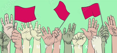 Bare hands of people wave the flags after Covid-19 is defeated by worldwide cooperation, banner.