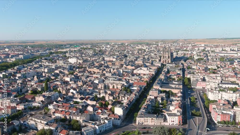 Reims, France: Aerial view of famous French city Rheims in Marne department - landscape panorama of Europe from above