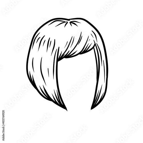 Women hairstyle. Hair on the head. Mask for app. Trendy modern haircuts girl - bob cut. Sketch black and white cartoon illustration