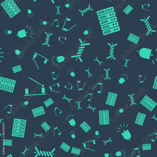 Set Barbed wire, Server, Data, Web Hosting, Parking car barrier and Ringing alarm bell on seamless pattern. Vector.
