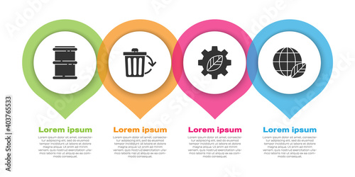 Set Barrel, Recycle bin with recycle, Leaf plant in gear machine and Earth globe and leaf. Business infographic template. Vector.