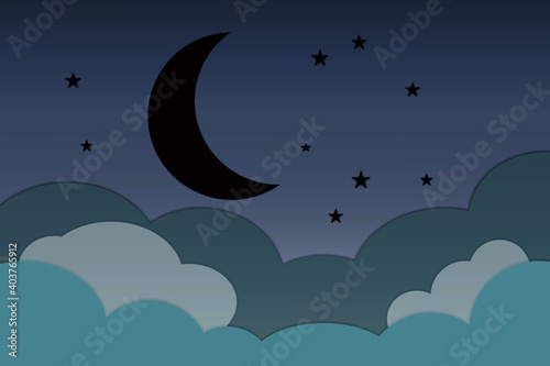 dark moon, stars, and clouds on the midnight sky background. Night sky scenery background.