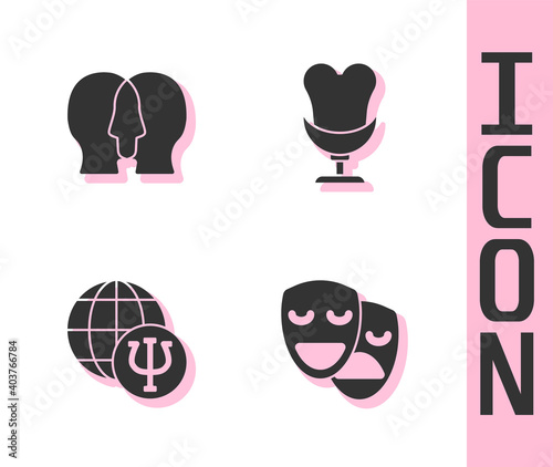 Set Comedy and tragedy masks, Bipolar disorder, Psychology, Psi and Armchair icon. Vector.