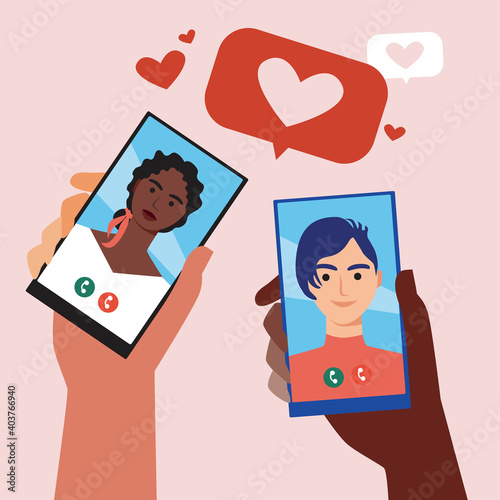 Multicultural couple with phones in hand, concept of internet dating, online dating, flat vector stock illustration with man, african woman