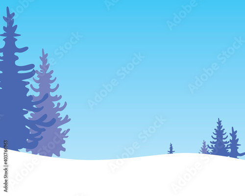 Natural snowy hills, mountain resort with place for text, flat vector stock illustration with winter landscape, nature with pine trees and copy space