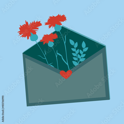 Paper envelope with flowers isolated, online romance concept, vintage flat vector stock illustration with letter and flowers