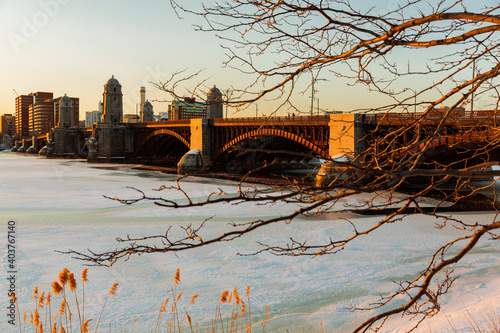 Frozen water in winter on Longfellow Bridge, Boston-Cambridge, Massachusetts, USA.