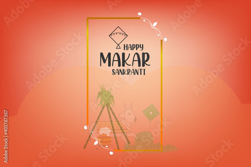 illustration of Happy makar sankranti Holiday Harvest Festival of Andhra Pradesh telangana greeting colorful background with beautiful frame with kite, sugar canes, pongal pot, cow, vector.  
