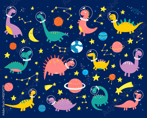 Space dinosaurs in a spacesuit are flying into space. Trendy grunge texture or print for kids design. Vector illustration