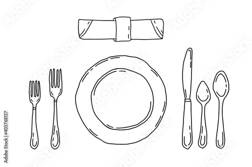 Table setting isolated on a white background. Serving in doodle style with plate, forks, spoons, knife and napkin. Dinner etiquette.
