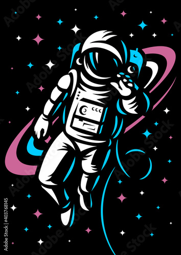 Astronaut in open space against the backdrop of a galaxy surrounded by stars - vector illustration, poster design.