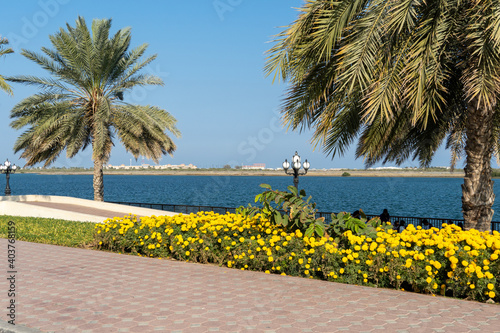 Kalba Corniche in Sharjah United Arab Emirates (UAE) on a beautiful day walking along the Gulf of Oman near the city.