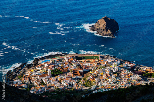 Aerial view of the town of Garachico on the island of Tenerife from the Atalaya viewpoint (Mirador de La Atalaya), Canary Island, Spain, Europe.