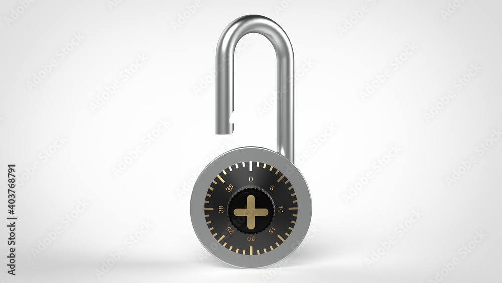 Shiny steel open padlock with black combination lock and golden figures isolated on white background 3d rendering image Shiny steel open padlock with black combination lock and golden figures isolated on white background 3d rendering image