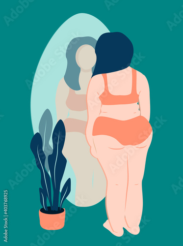 vector hand drawn illustration on the theme of feminism, body positivity, self-acceptance - plump girl looks at her reflection in the mirror. trendy illustration for websites, magazines and app