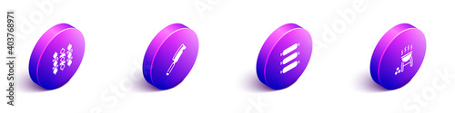 Set Isometric Grilled shish kebab, Meat chopper, Sausage and Barbecue grill icon. Vector.