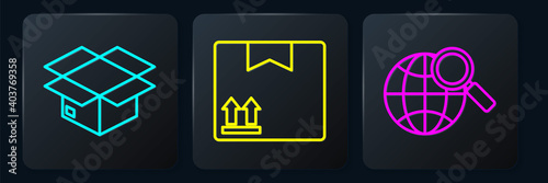 Set line Carton cardboard box, Magnifying glass with globe and Cardboard box with traffic symbol. Black square button. Vector.
