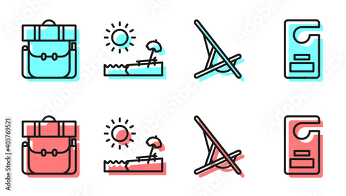 Set line Sunbed, Hiking backpack, Beach with umbrella and chair and Please do not disturb icon. Vector.