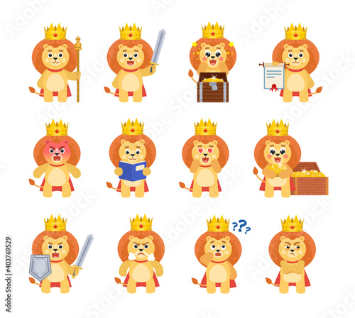 Set of lion king characters in various situations. Cartoon lion with crown holding sword, treasure, document, reading book, thinking and showing other actions. Vector illustration