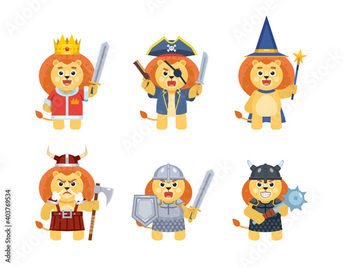 Set of lion characters wearing various medieval costumes. Lion king, knight, viking, pirate, wizard and black knight characters. Vector illustration