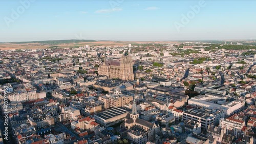 Reims, France: Aerial view of cathedral Cathédrale Notre-Dame de Reims in historic city center - landscape panorama of Europe from above photo