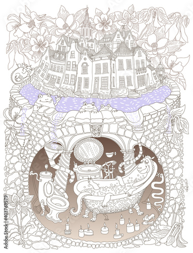 Vector contour thin line illustration. Fairy tale medieval houses, aquilegia flowers and underground bathroom in Dragon beast family apartment cave. Adults coloring book page, tee shirt print