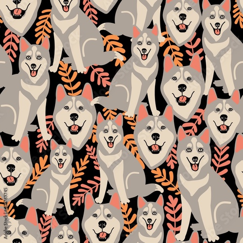 Seamless vector pattern with husky and plants. Cute dog breed.