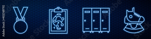 Set line Locker or changing room, Medal, Planning strategy, Skates and Hockey table. Glowing neon icon on brick wall. Vector.