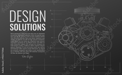 Mockup with realistic V8 engine with contour lines, vector illustration.