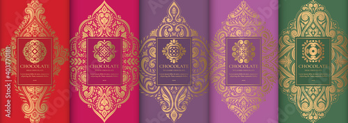 Colorful packaging design of chocolate bars. Vintage vector ornament template. Elegant, classic elements. Great for food, drink and other package types. Can be used for background and wallpaper.